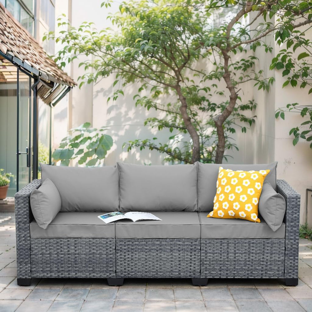 Wicker Patio Couch Outdoor 3-seat Sofa with All-Weather Rattan Deep Seater Ou...