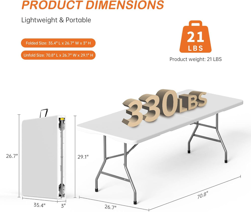 VSOAEIL 6 Foot Folding Table 2 Pack, 6 FT Foldable Plastic Table Heavy Duty