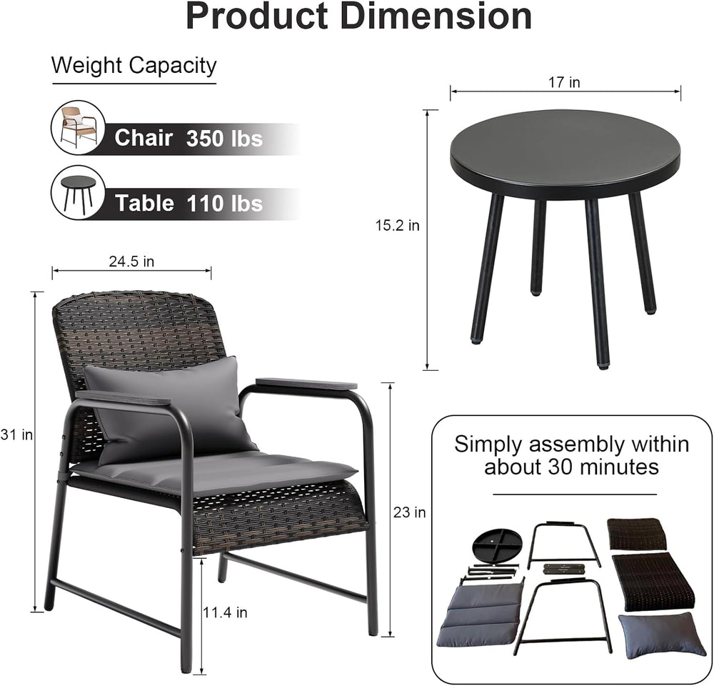 3 Pieces Outdoor Patio Furniture Set,All-Weather Wicker Rattan Bistro Set wit...