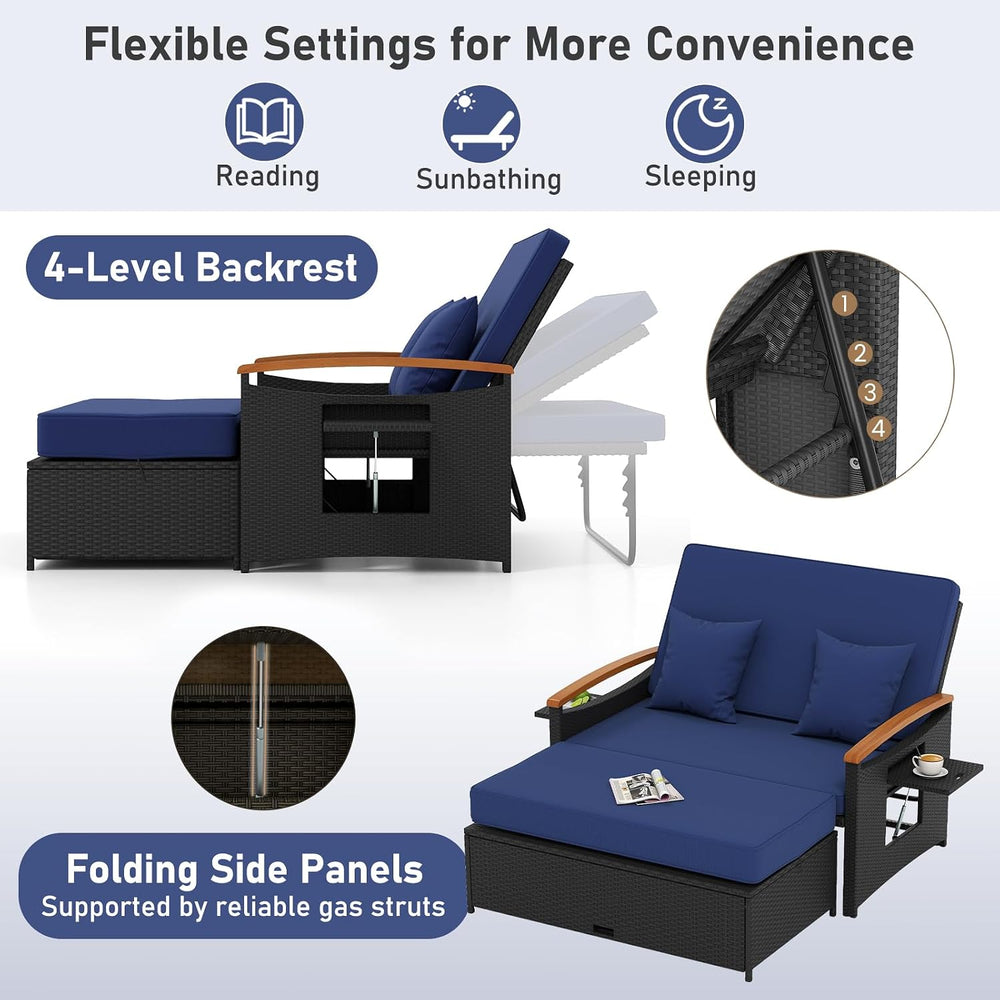 Moccha Outdoor Wicker Daybed, Patio Rattan Loveseat Sofa w/ 4-Level Adjustabl...