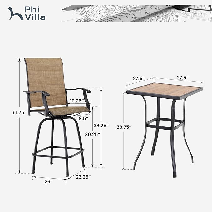 PHI VILLA 3 PCS Patio Swivel Bar Sets Textilene High Bistro Sets with 2 Outdo...