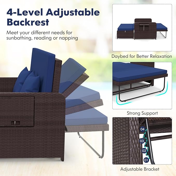 LDAILY Moccha Outdoor Daybed, Wicker Loveseat Sofa Set with 4-Postion Adjusta...