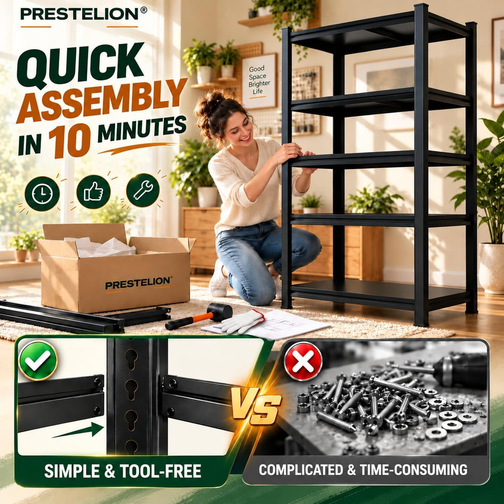 Book Shelf, Adjustable Metal Bookcase with Bolt-Free Storage Shelves