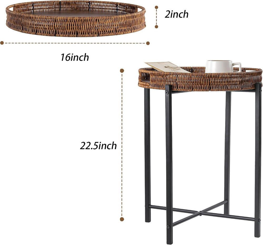 16.5in Round Rattan Side Table with Wooden Top, Small Wicker End Table