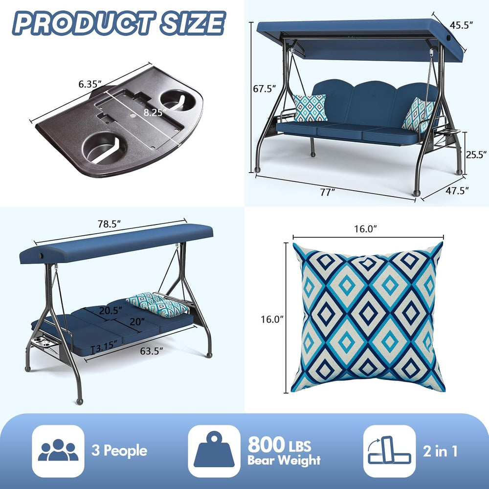 ZZW 3 Seat Outdoor Porch Patio Swing with Stand 800lbs 2-in-1 Convertible Swi...