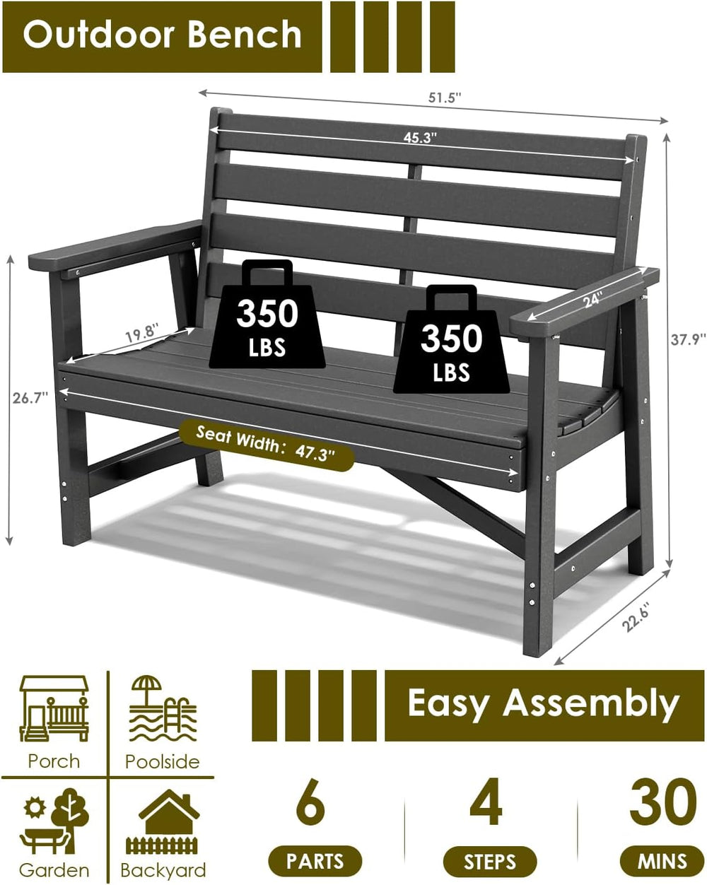 GREENVINES Outdoor Bench, 2-Person HDPE Garden Benches, Black