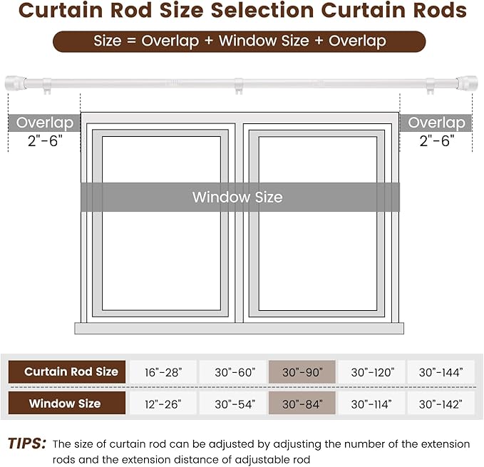 1” Diameter Curtain Rods Itself is 30 to 90 inch 2 Pack Fit 30-84 inch Window...