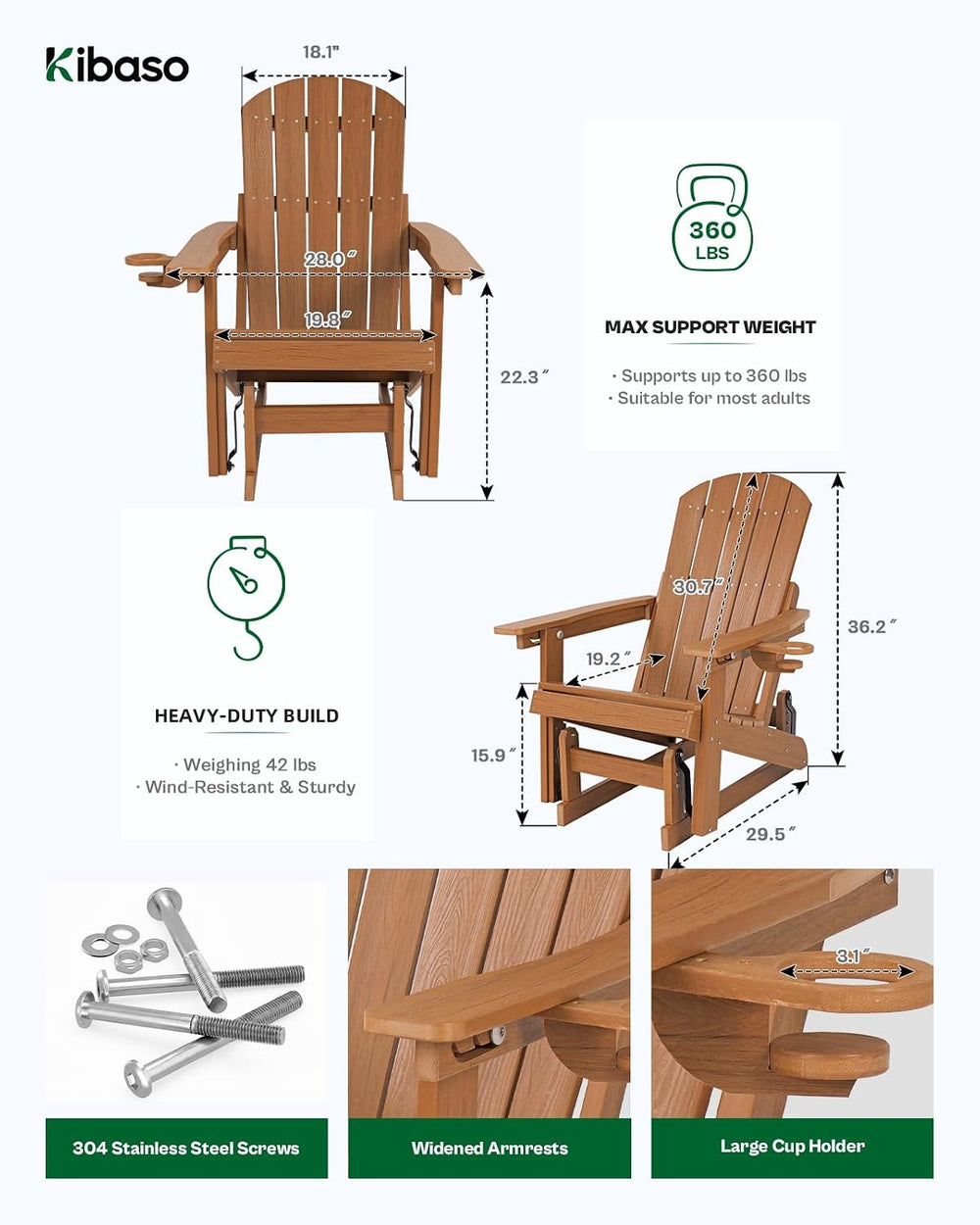 Adirondack Chair, All-Weather Outdoor Glider, Teak