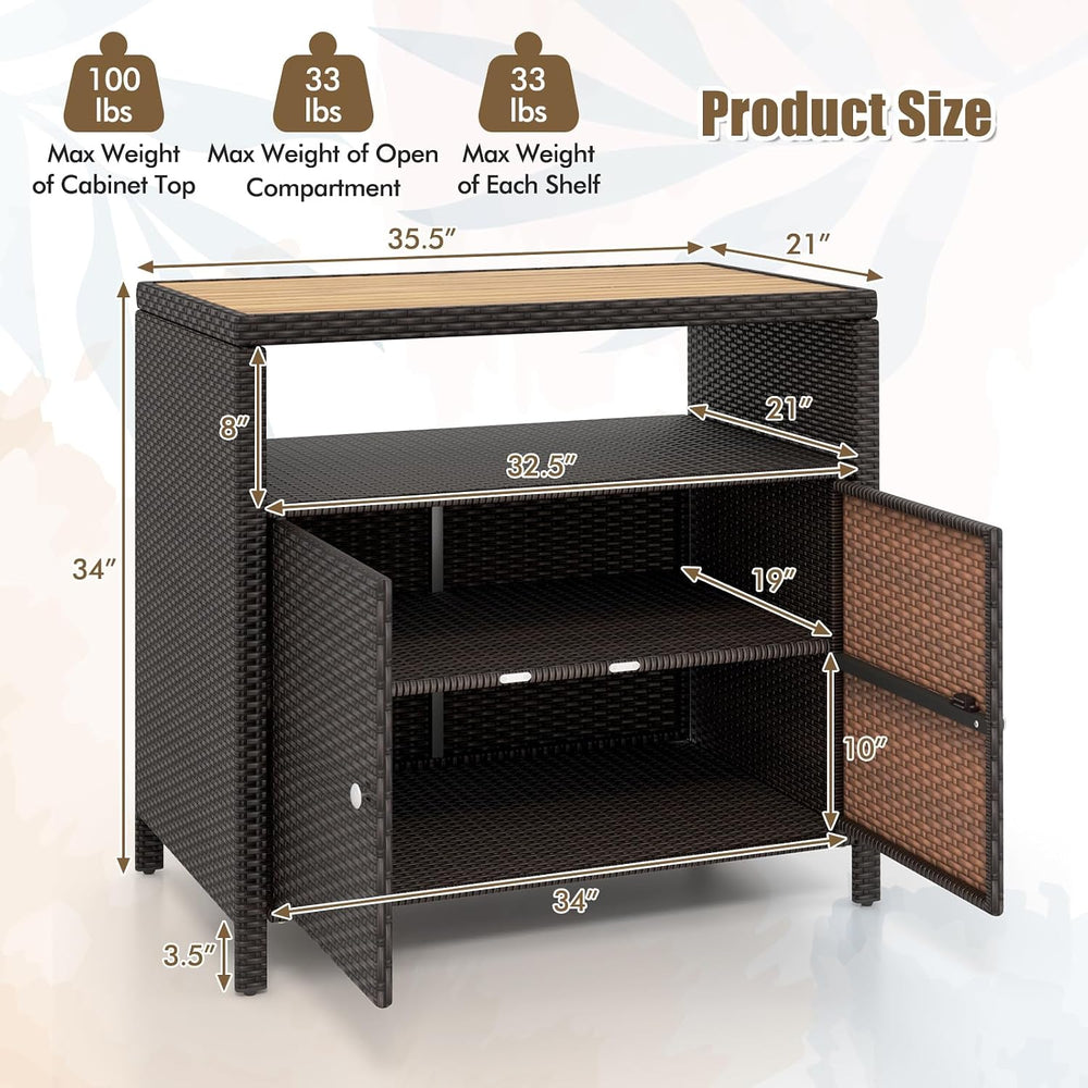 Rattan Storage Cabinet, Outdoor & Indoor Sideboards with Acacia Wood Coun...