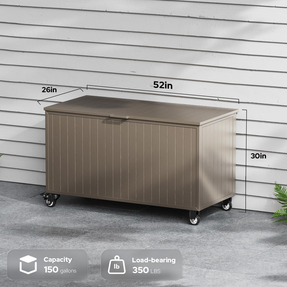 150 Gallon Outdoor Storage Box with Wheels, Metal Deck Boxes,Brown