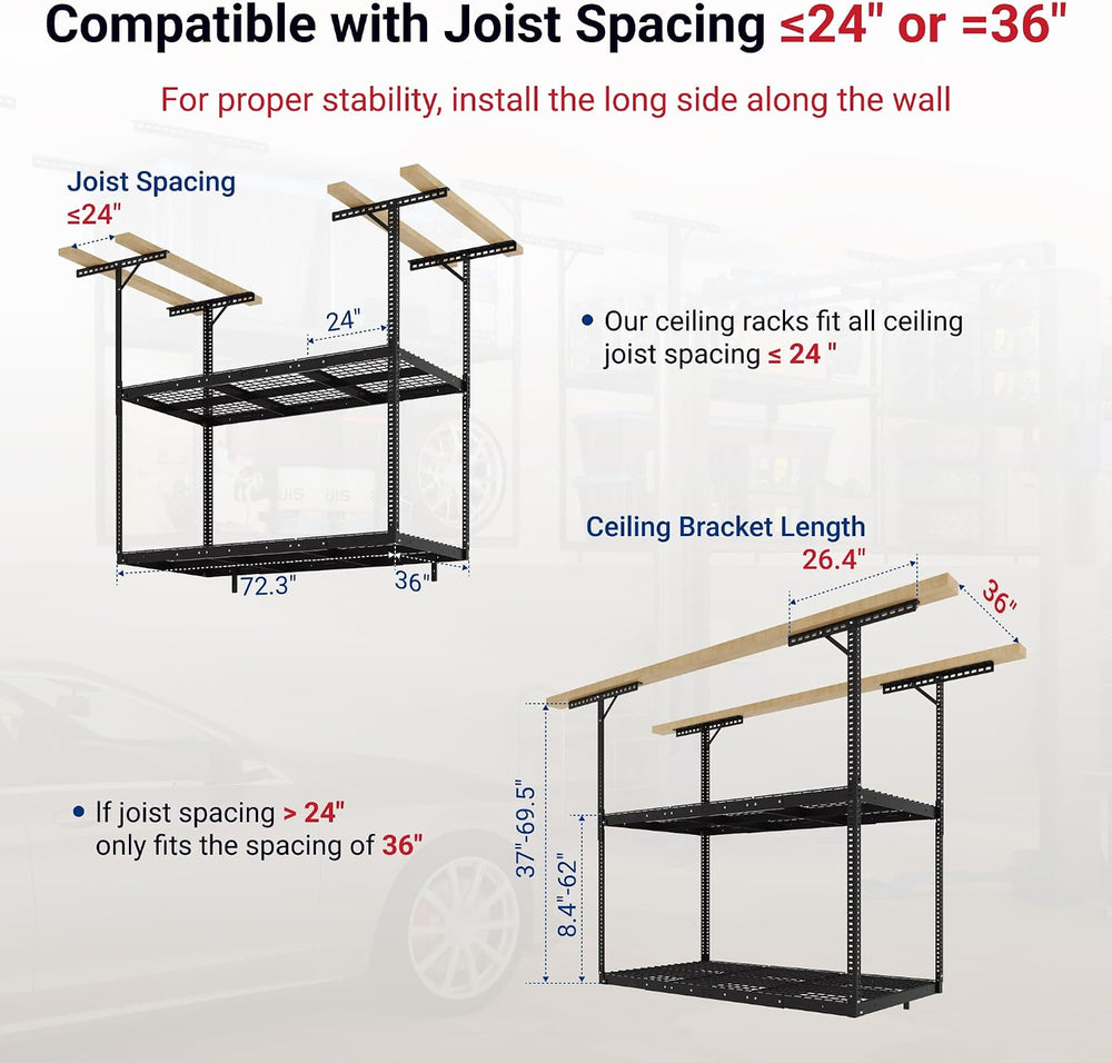 FLEXIMOUNTS 3x6 2-Tier Overhead Ceiling Garage Storage Rack, Black