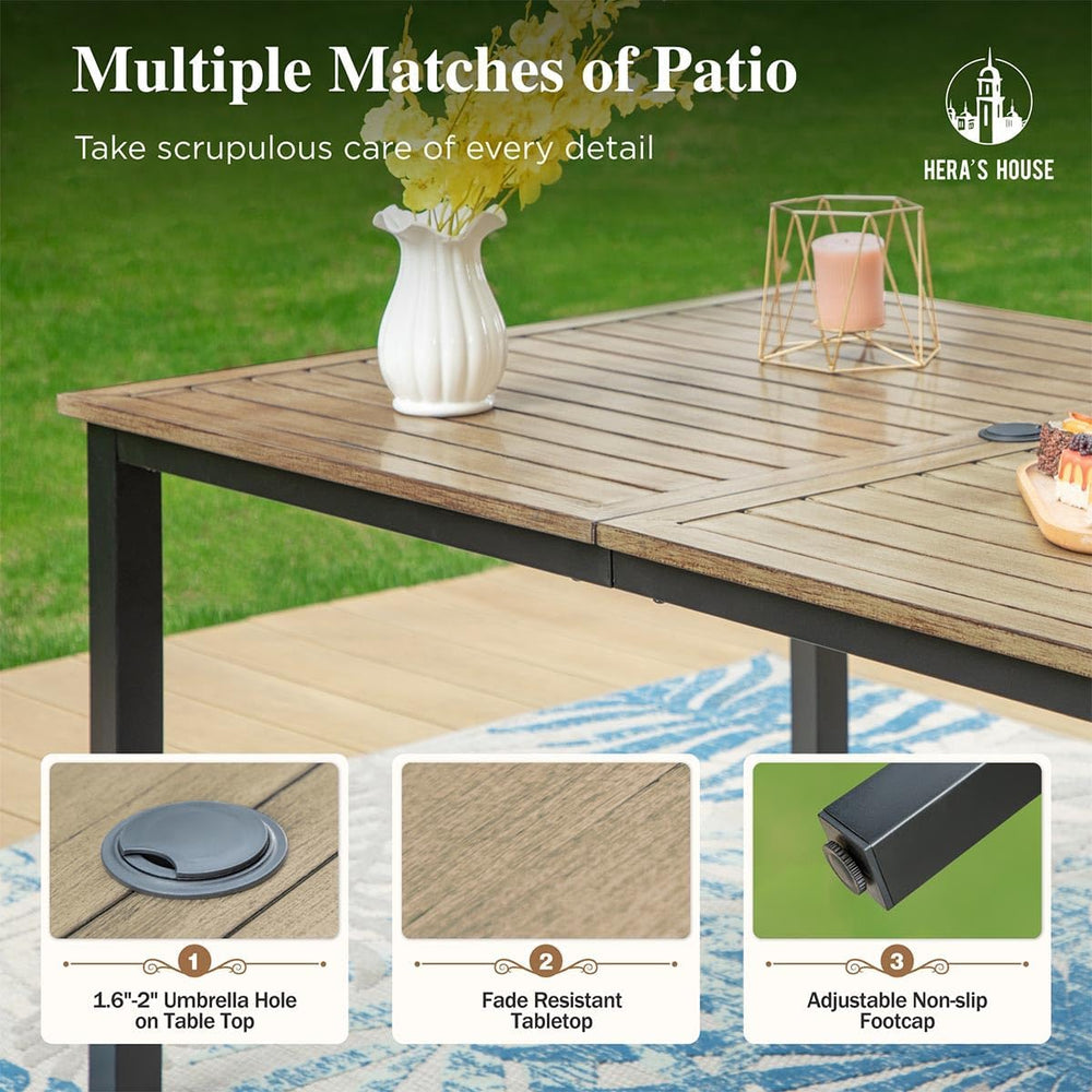 7pc Outdoor Patio Dining Set, Wood-Look Metal Table, Brown