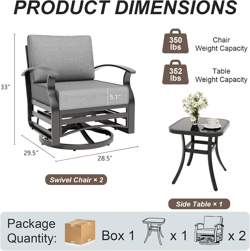 Gotland 3 Piece Patio Set, Metal Outdoor Swivel Chairs Set of 2 with 5.1’’ Hi...