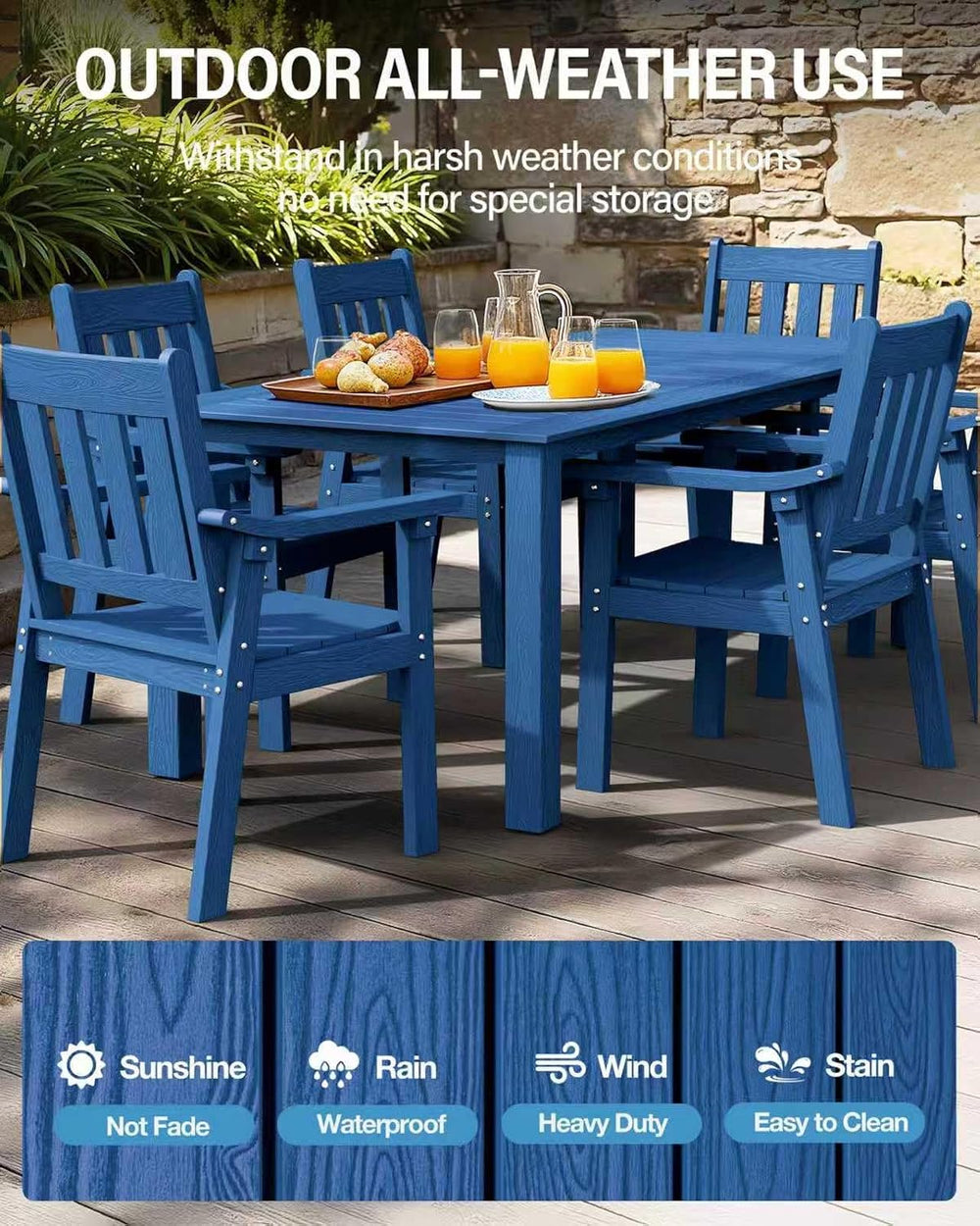 YEFU 5-Piece Patio Table Set, All-Weather HIPS, Metal Aluminum Frame, Blue
