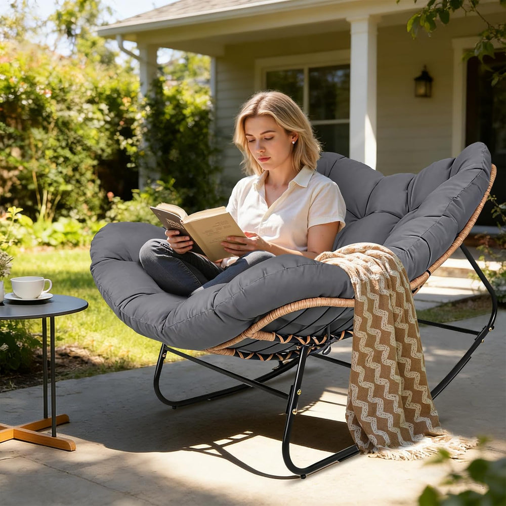 Oversized Wicker Rocking Chair Indoor Outdoor, 450 LBS Heavy Duty Patio Papas...