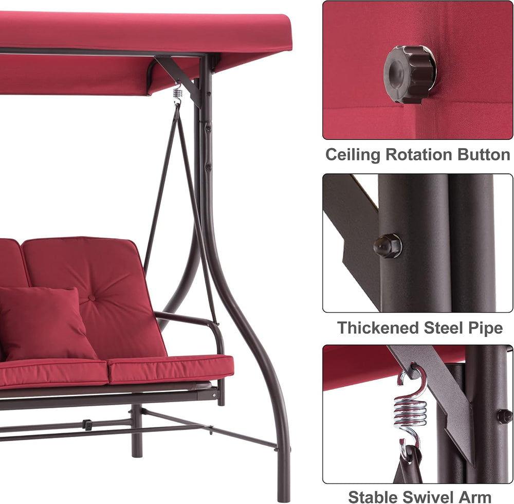 MCombo 3-Seat Outdoor Patio Swing Chair, 2-in-1 Convertible Porch Swing Glide...
