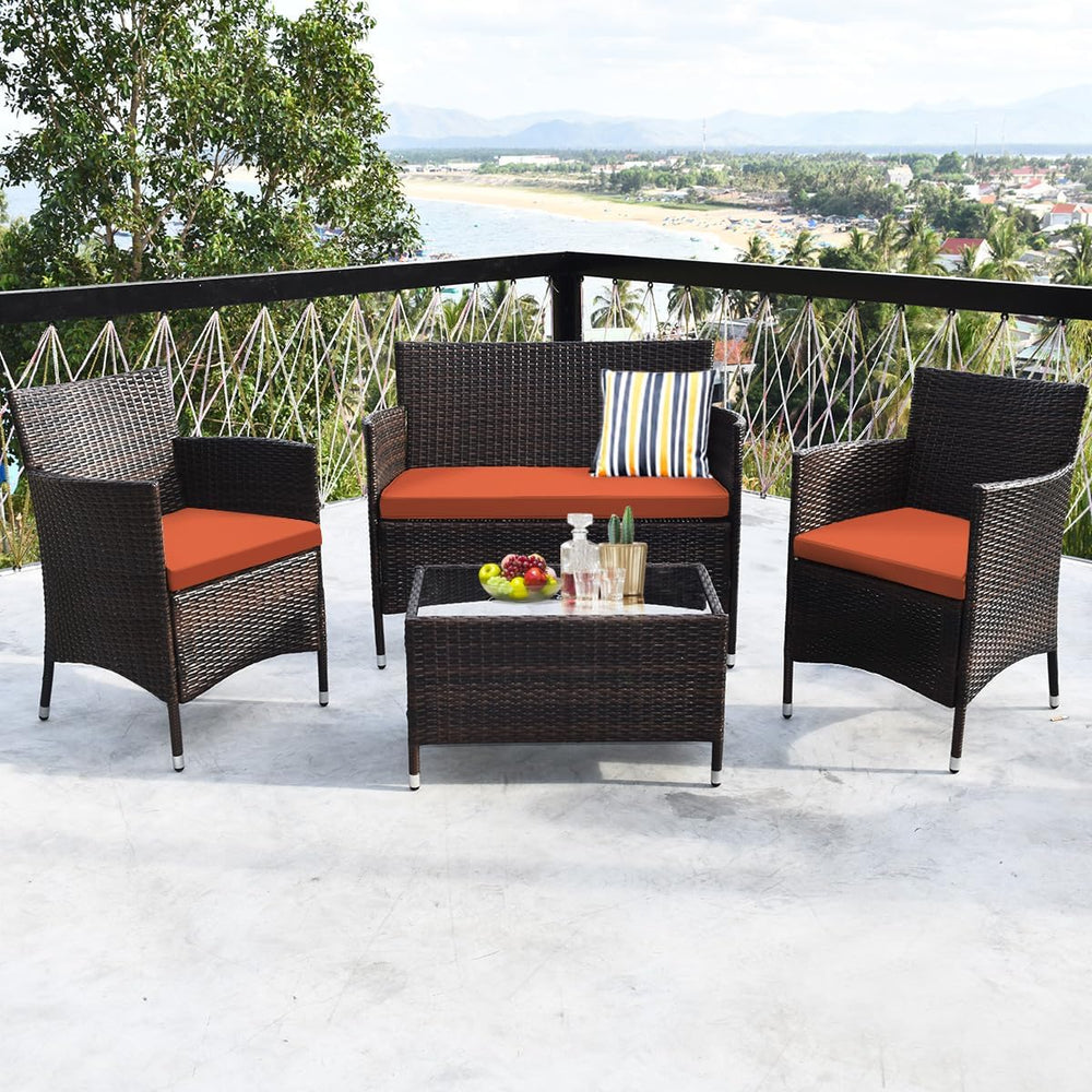 Goplus 4-Piece Rattan Patio Set, Outdoor/Indoor Wicker Conversation Set for P...