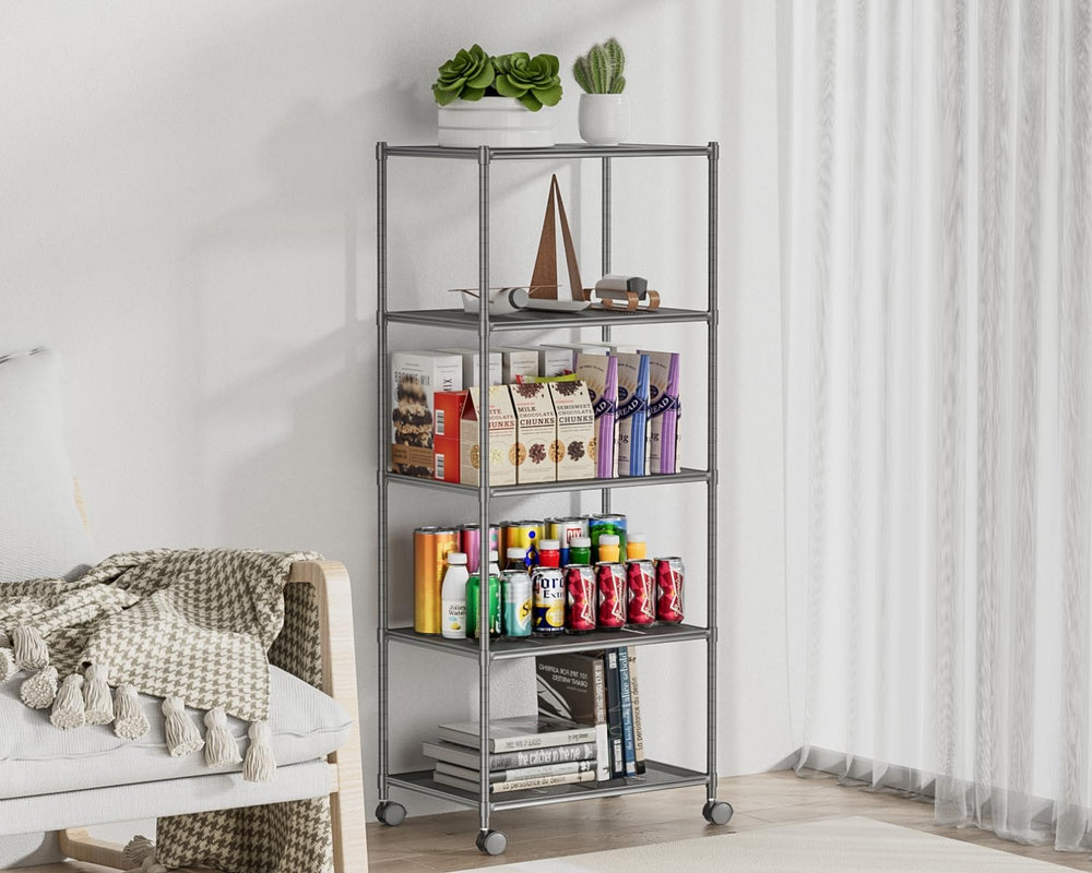 OVICAR Storage Shelf with Wheels - Adjustable 5 Tiers Mesh Wire Shelving Unit...