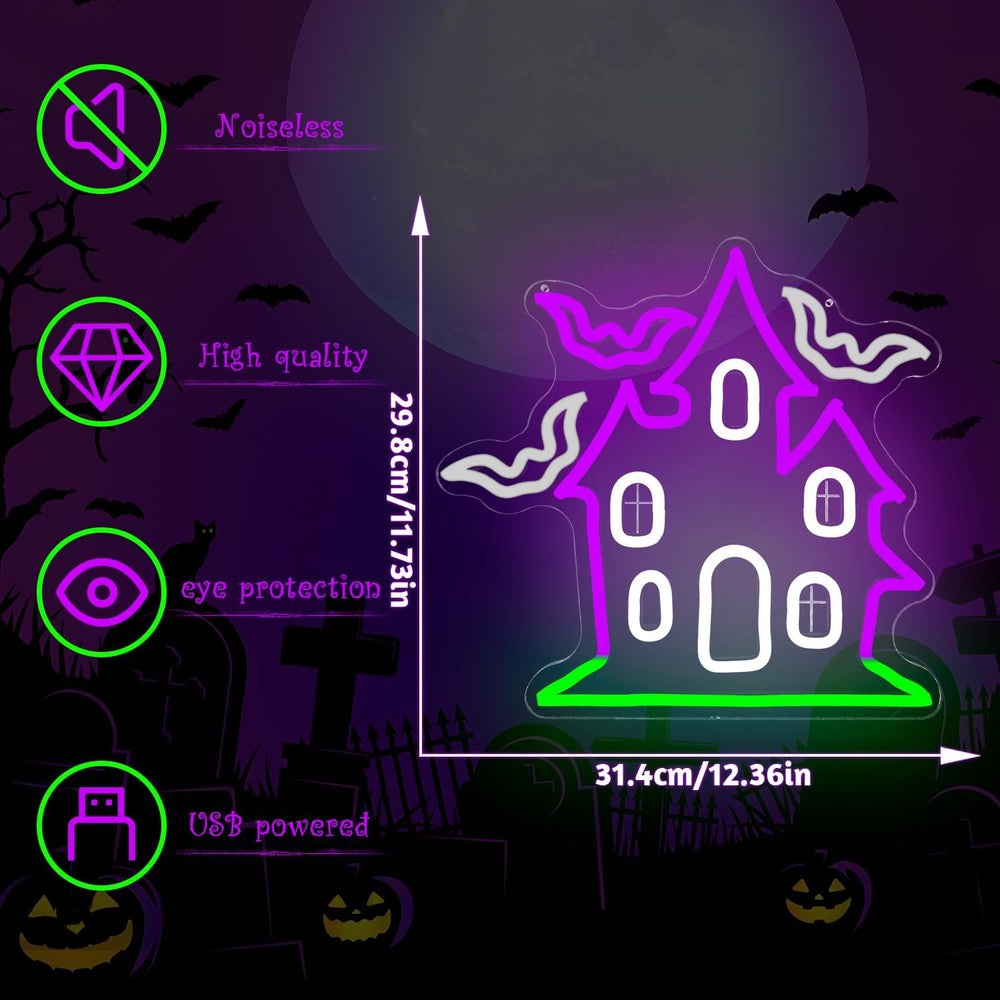 Haunted House with Flying Bat Halloween Neon Sign Dimmable Led Wall Decor