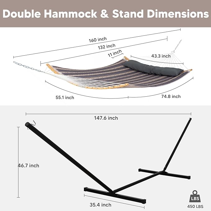 SUNCREAT Hammocks for Outside with Stand Included, Double Hammock with Curved...