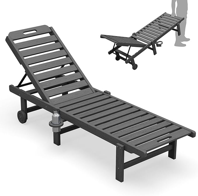 SERWALL Outdoor Chaise Lounge Chair, HDPE Patio Lounge Chair with Cup Holder,...