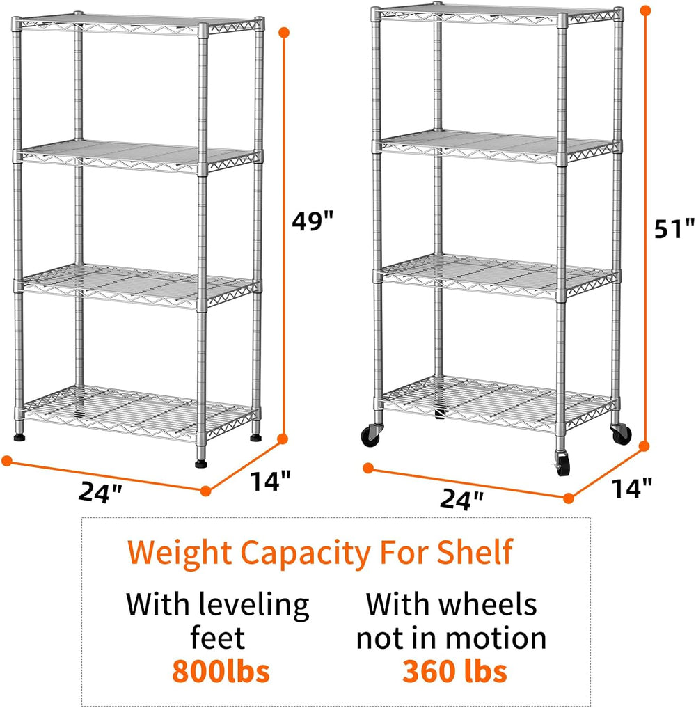 4 Shelves Storage Wire Shelf Closet Metal Shelving Pantry Wheels
