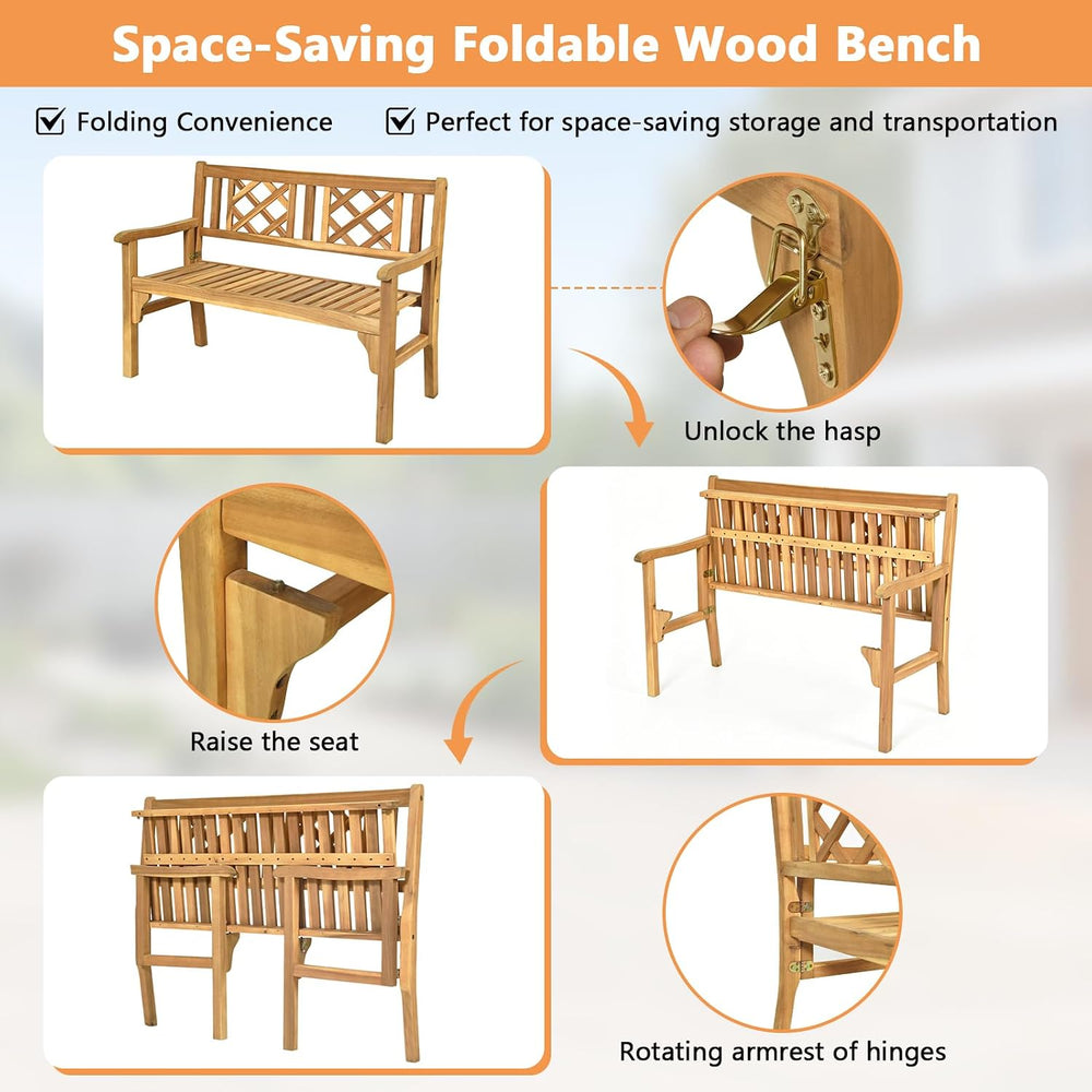 Tangkula Folding Outdoor Wood Garden Bench, Foldable Acacia Wood Patio Bench ...