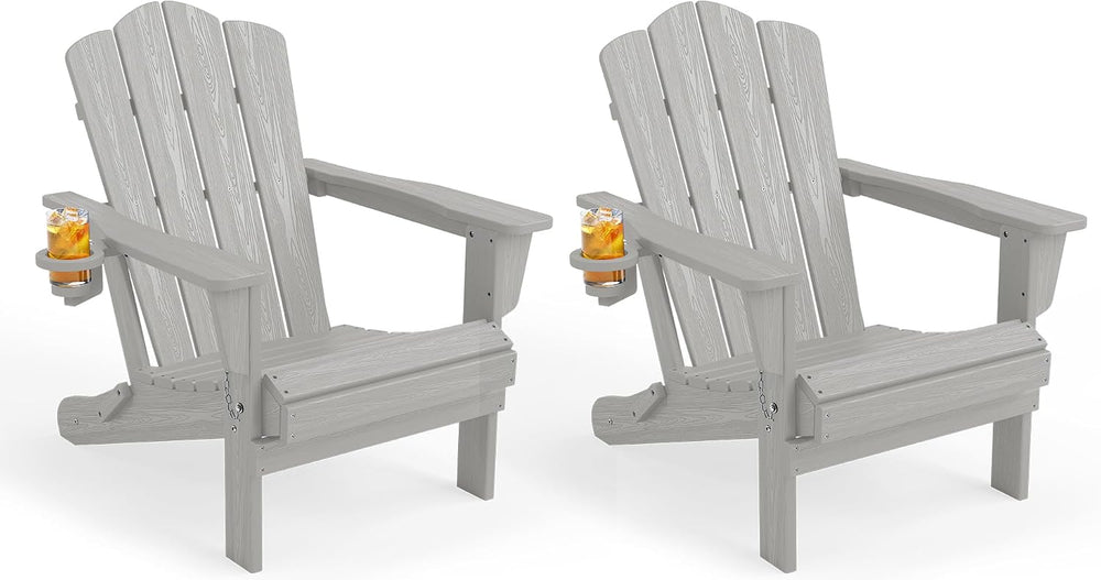 KINGYES Folding Adirondack Chair Set of 2 with Cup Holder, Silver Grey
