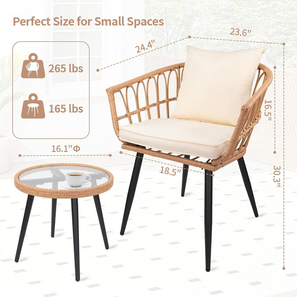3-Piece Patio Dining Set, Featuring a Round PE Rattan Table and 2 Chairs, Sui...