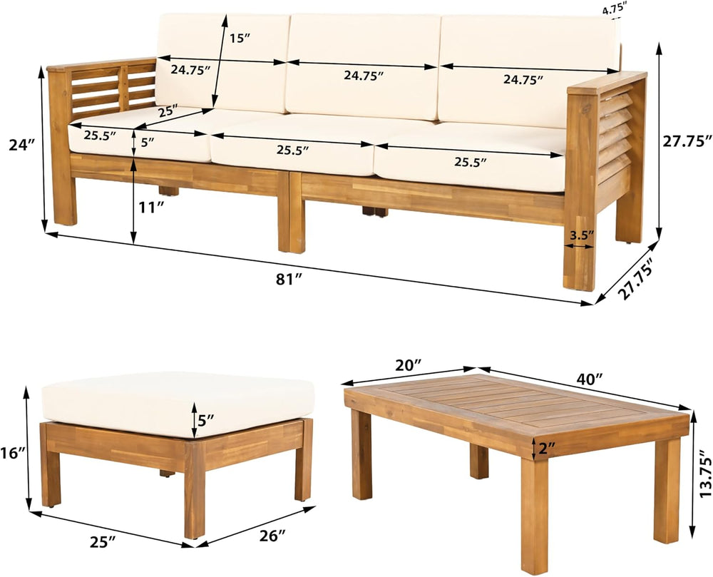 Merax 3 Piece Acacia Wood Patio Furniture Set, Outdoor Sectional Sofa Set wit...