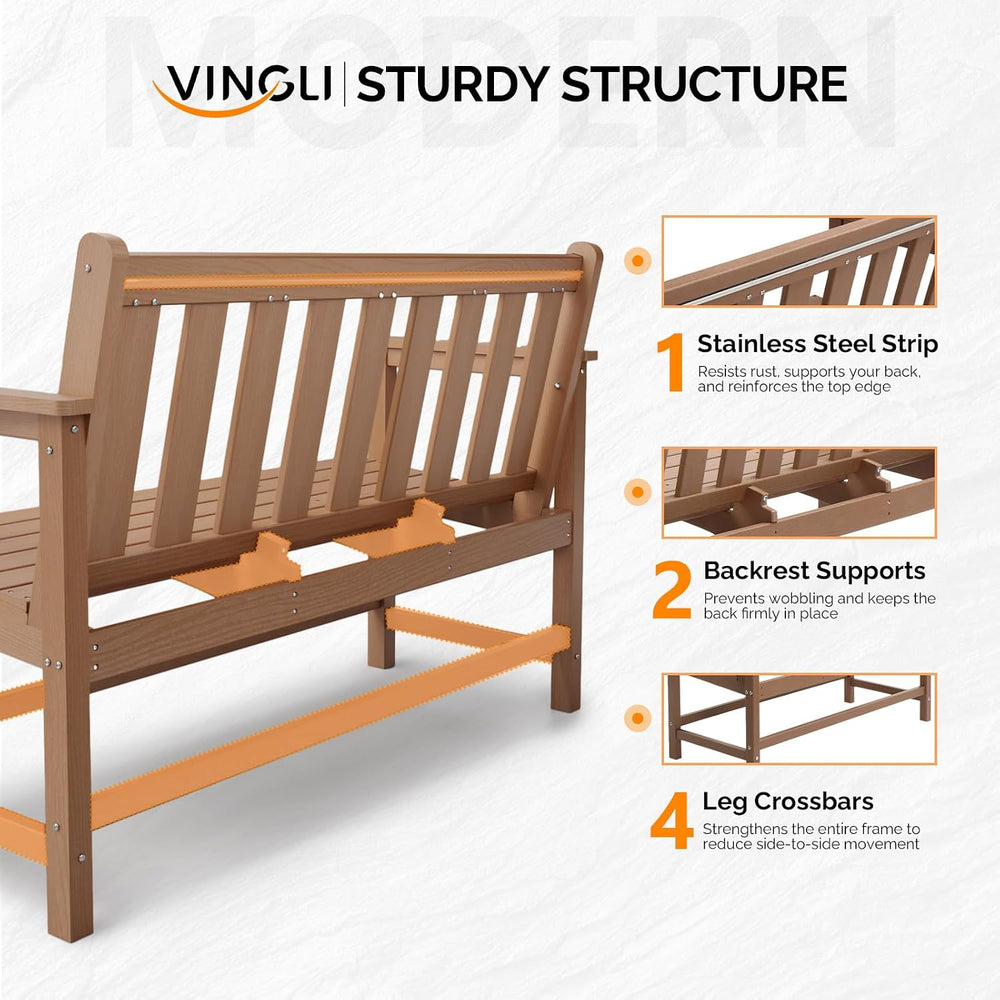 VINGLI 49in HDPE Outdoor Bench with Backrest and Armrests, 2-Person Weatherpr...