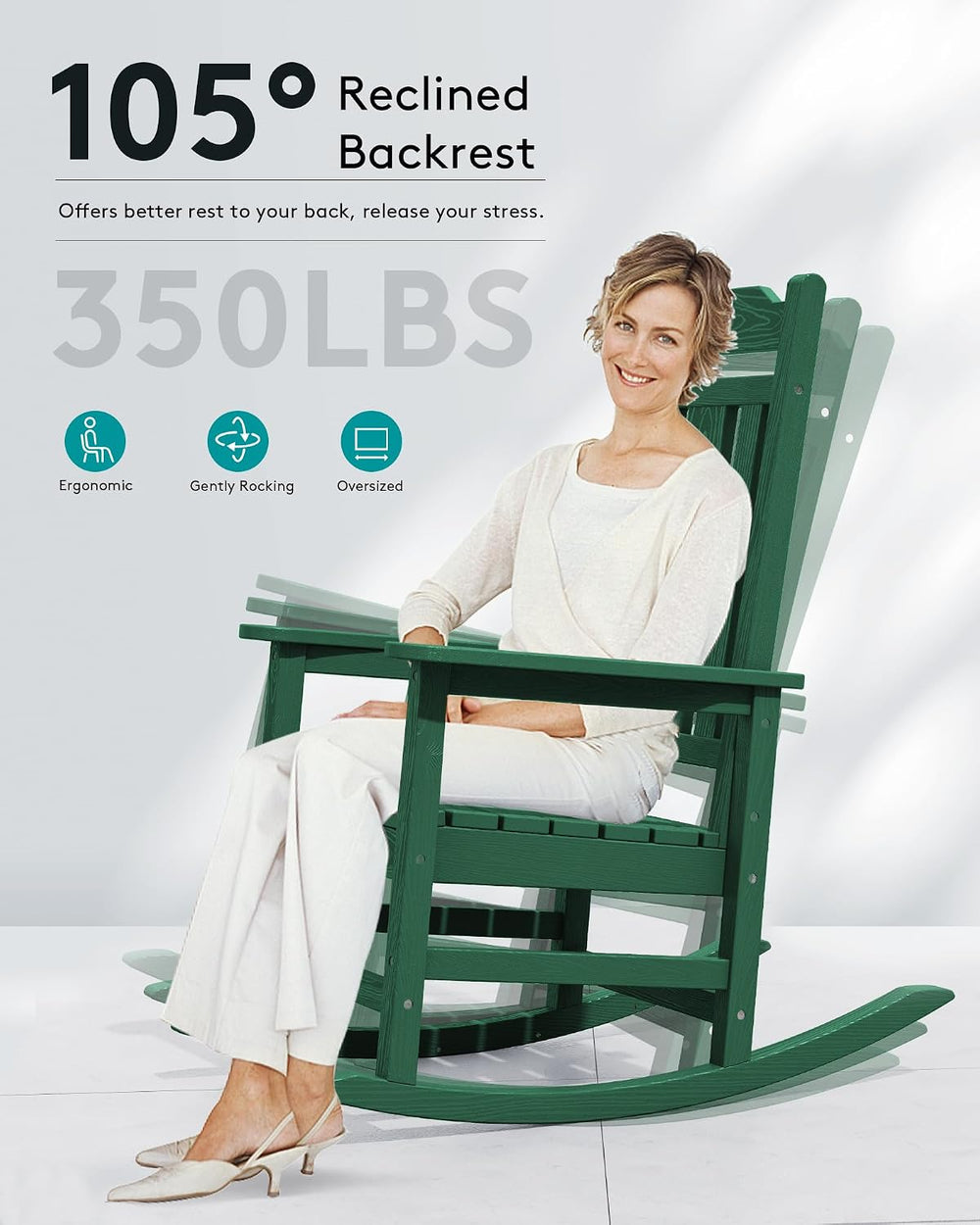 SERWALL HDPE Oversized Outdoor Rocking Chairs Set of 4, Patio Rocker, Green