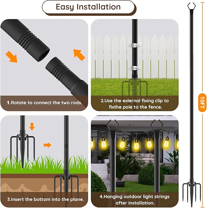 10Ft String Light Poles 4 Pack,Light Poles for Outside Lights,Outdoor with Fe...