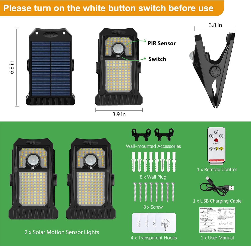 Tryme 118Leds Solar Lights Outdoor Clip Motion Sensor Lights Security Light 3...