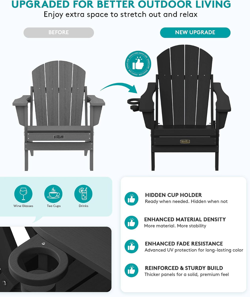 SERWALL Folding Adirondack Chairs with Cup Holder, Outdoor Fire Pit - Black