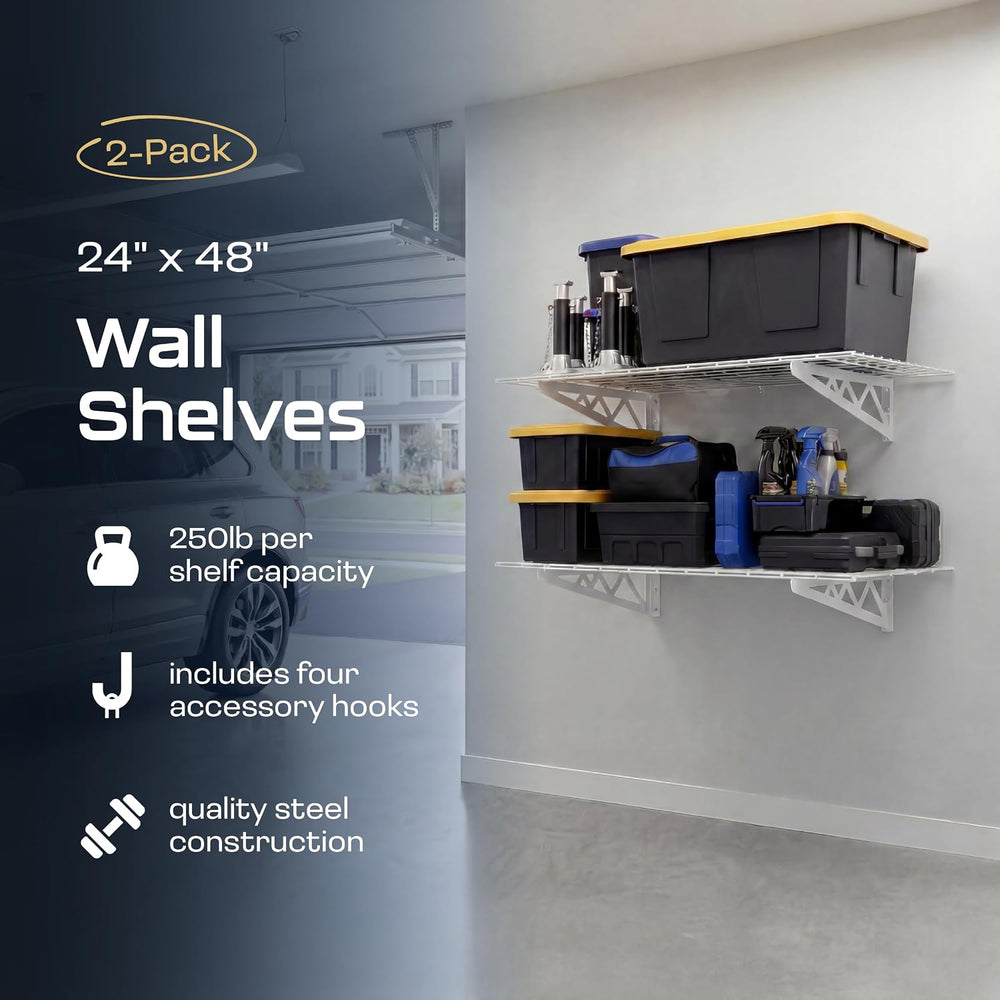 MonsterRAX Heavy Duty Garage Wall Shelving 24x48 2-Pack, Wall Mount, White