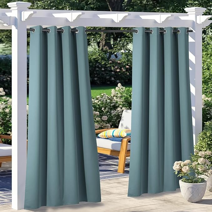 NICETOWN 2 Panels Greyish Blue Outdoor Curtains for Patio Waterproof, Stainle...