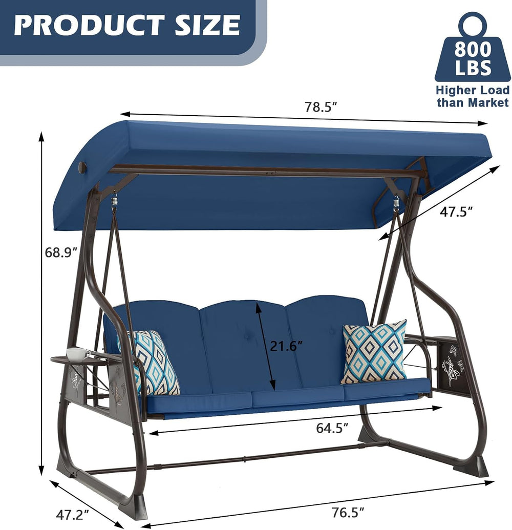 ZZW 3-Seat Patio Porch Swing 800LBS Outdoor Swing with Stand w/Canopy & A...