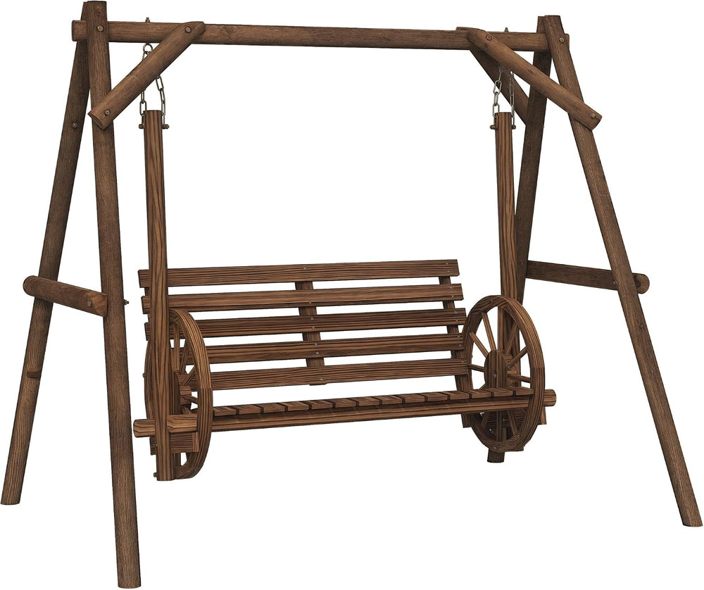 Outsunny 2-Seat Porch Swing A-Frame Stand Wooden Log Patio Carbonized Brown