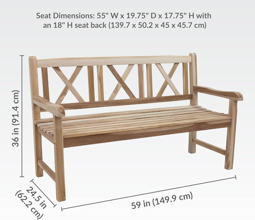 Sunnydaze 2-Person Cross-Back Wooden Teak Outdoor Bench for Porch, 59-Inch