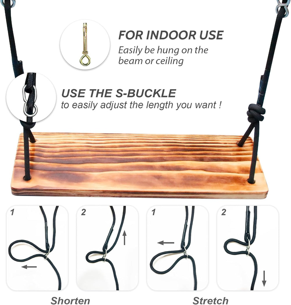 Carbonized Wooden Tree Swing with Adjustable Climbing Rope & Tree Straps