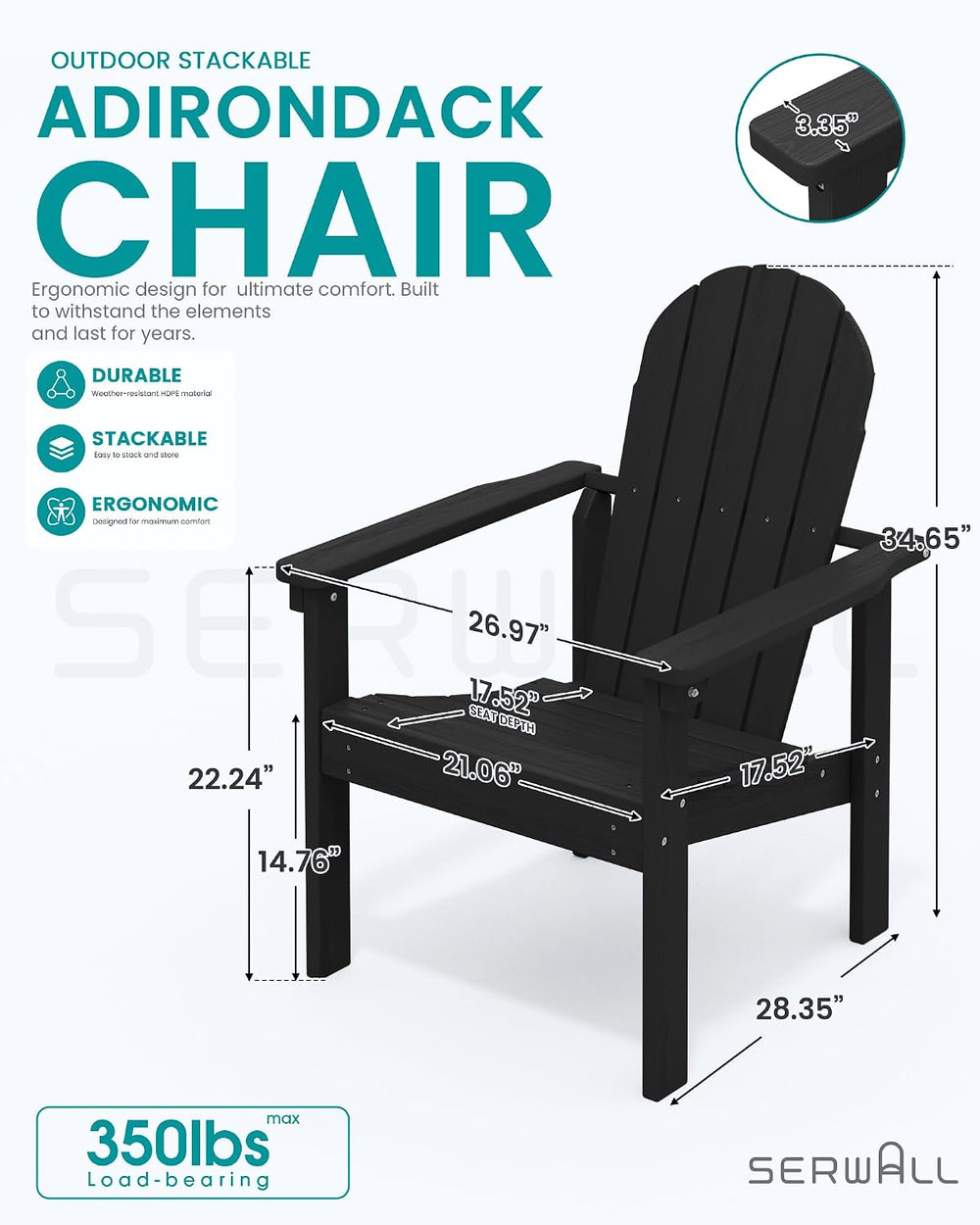 SERWALL HDPE Stackable Adirondack Chairs Set of 2,Space-Saving, Black