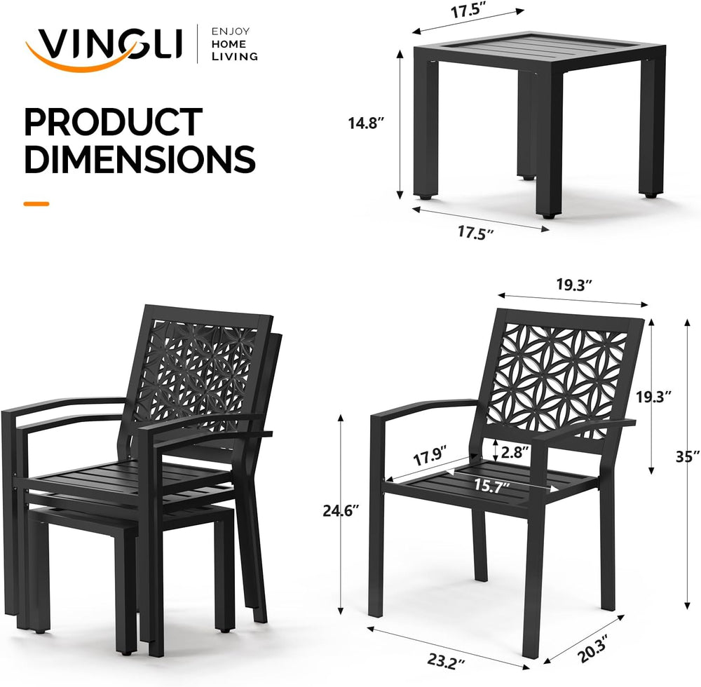 VINGLI 3-Piece Outdoor Bistro Set, Stackable Modern Metal Steel Table and Cha...