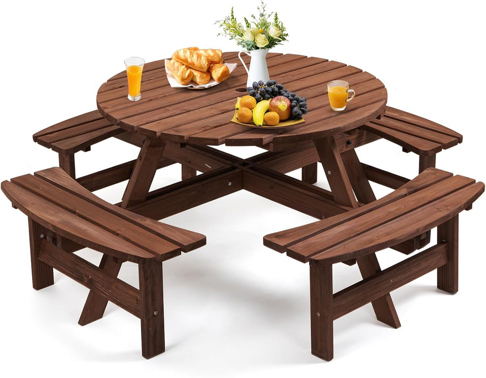 Zevemomo Round Picnic Table Wood for 8 People, Brown
