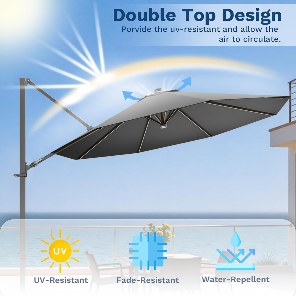 Devoko 10ft Solar LED Patio Umbrella, Round Cantilever Outdoor Umbrella with ...
