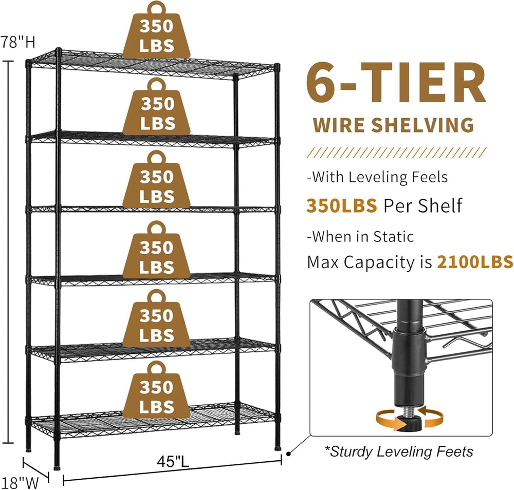 Wire Shelving Unit with Wheels, 6 Tier Adjustable Storage Shelves