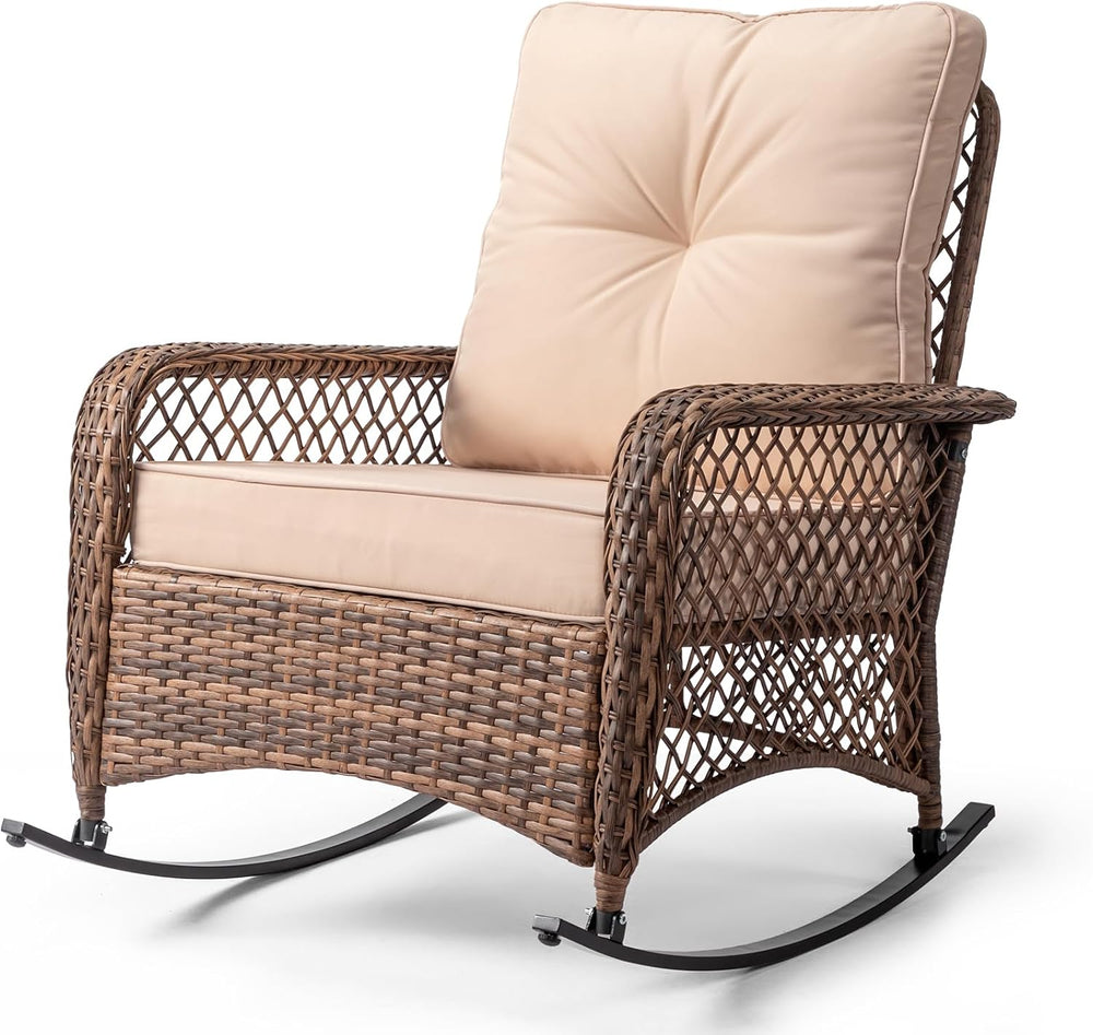 Wicker Rocking Chair, Rattan Patio Rocker with Cushion, Beige