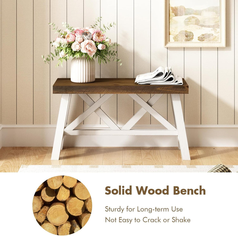 Wnutrees 30" Farmhouse Solid Wood Bench, Rustic Entryway Bench, White