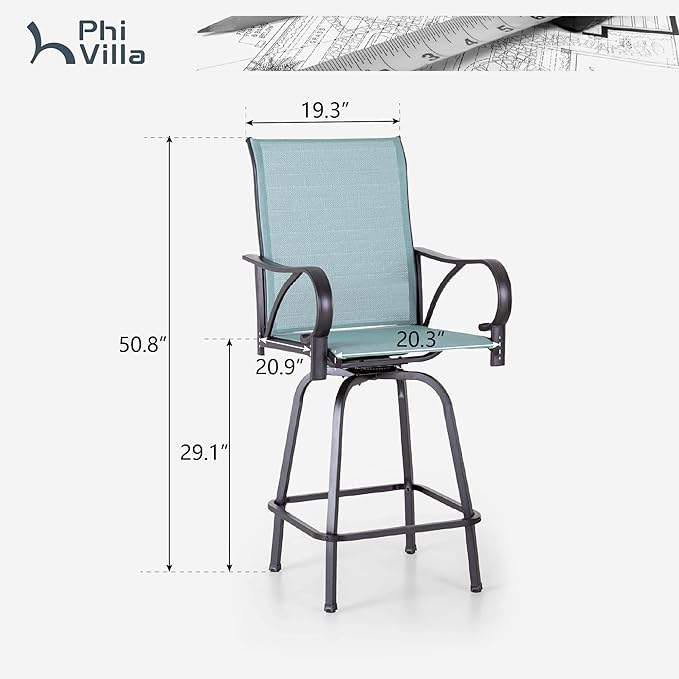 PHI VILLA Outdoor Bar Stools Set of 2, Swivel Patio Bar Stools & Chairs w...