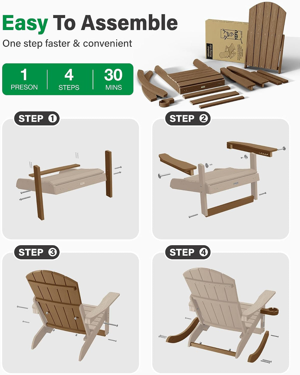 YEFU Adirondack Rocking Chairs Set of 2, with Footrest, 5-Level Adjustable